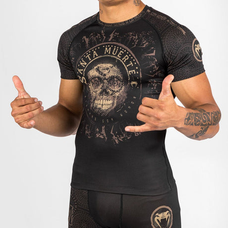 Black/Brown Venum Santa Muerte Dark Side Short Sleeve Rash Guard    at Bytomic Trade and Wholesale