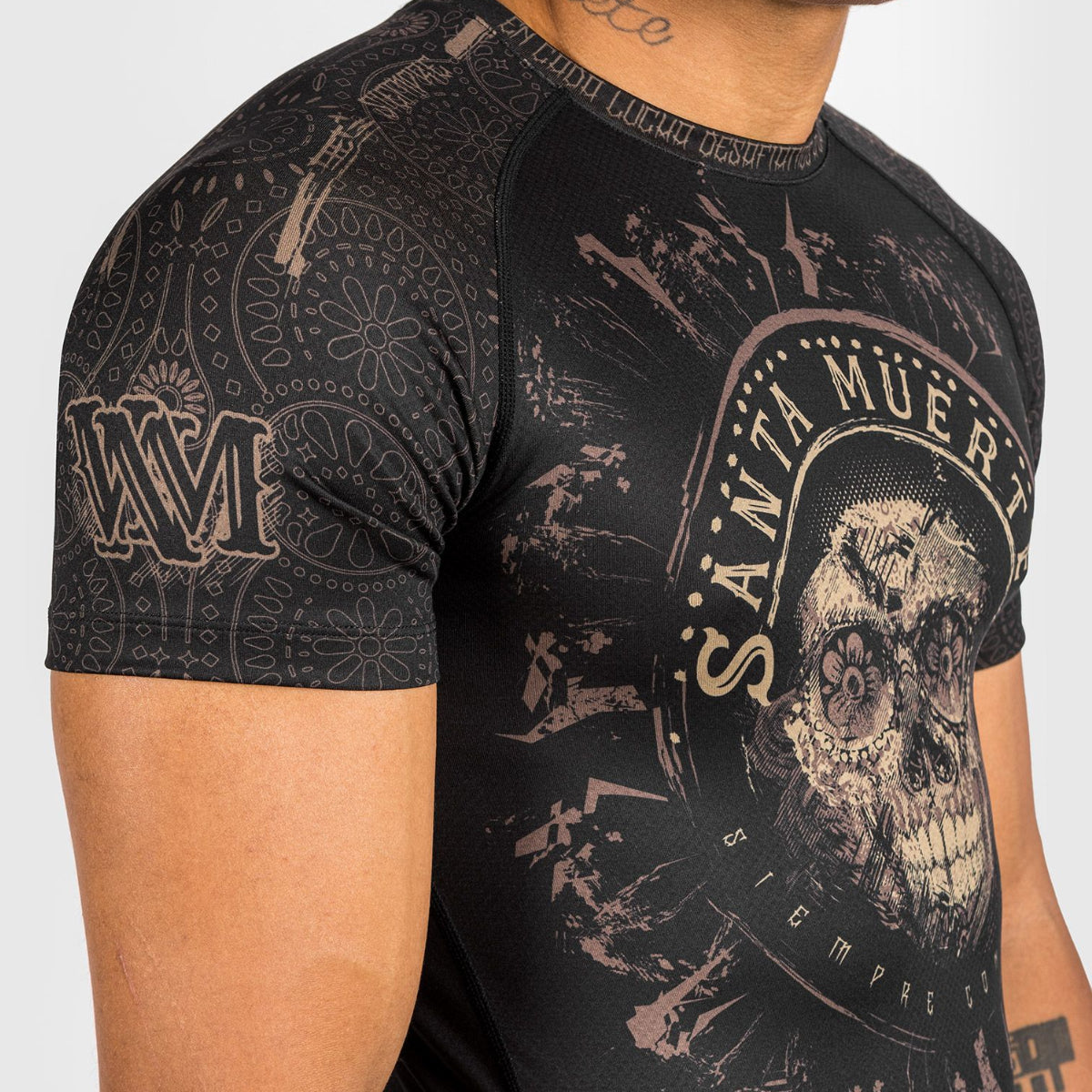 Black/Brown Venum Santa Muerte Dark Side Short Sleeve Rash Guard    at Bytomic Trade and Wholesale