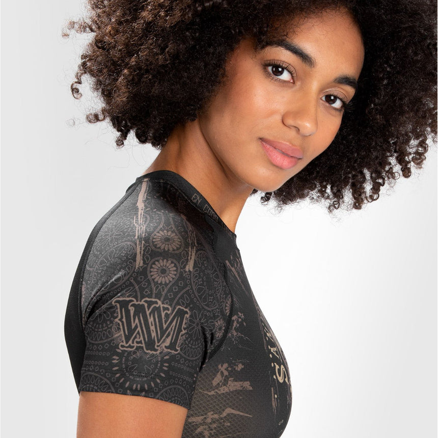 Black/Brown Venum Womens Santa Muerte Dark Side Short Sleeve Rash Guard    at Bytomic Trade and Wholesale