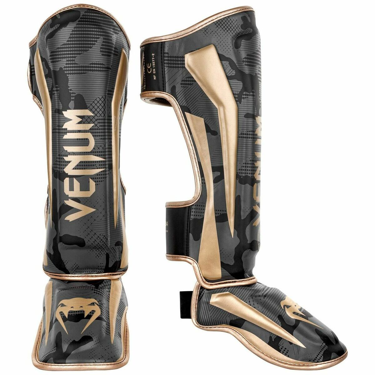 Dark Camo/Gold Venum Elite Shin Guards Medium   at Bytomic Trade and Wholesale